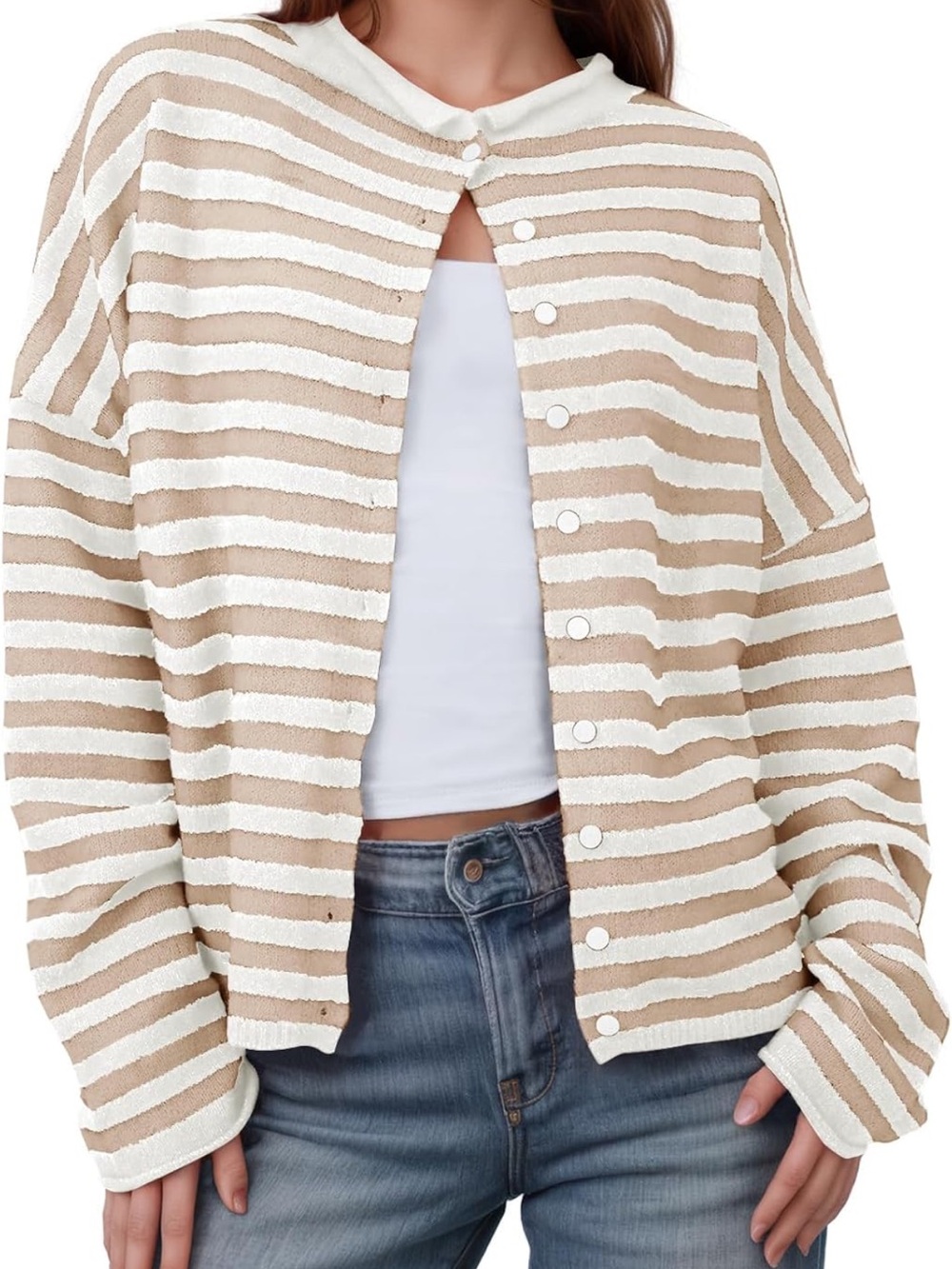 Amazon Fashion Striped Button-Front Cardigan Sweater - Beige & White